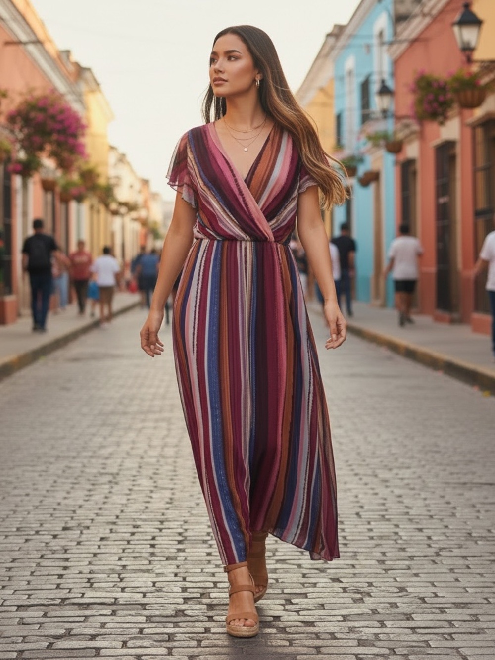 Donna Ricco Striped V-Neck Maxi Dress 16